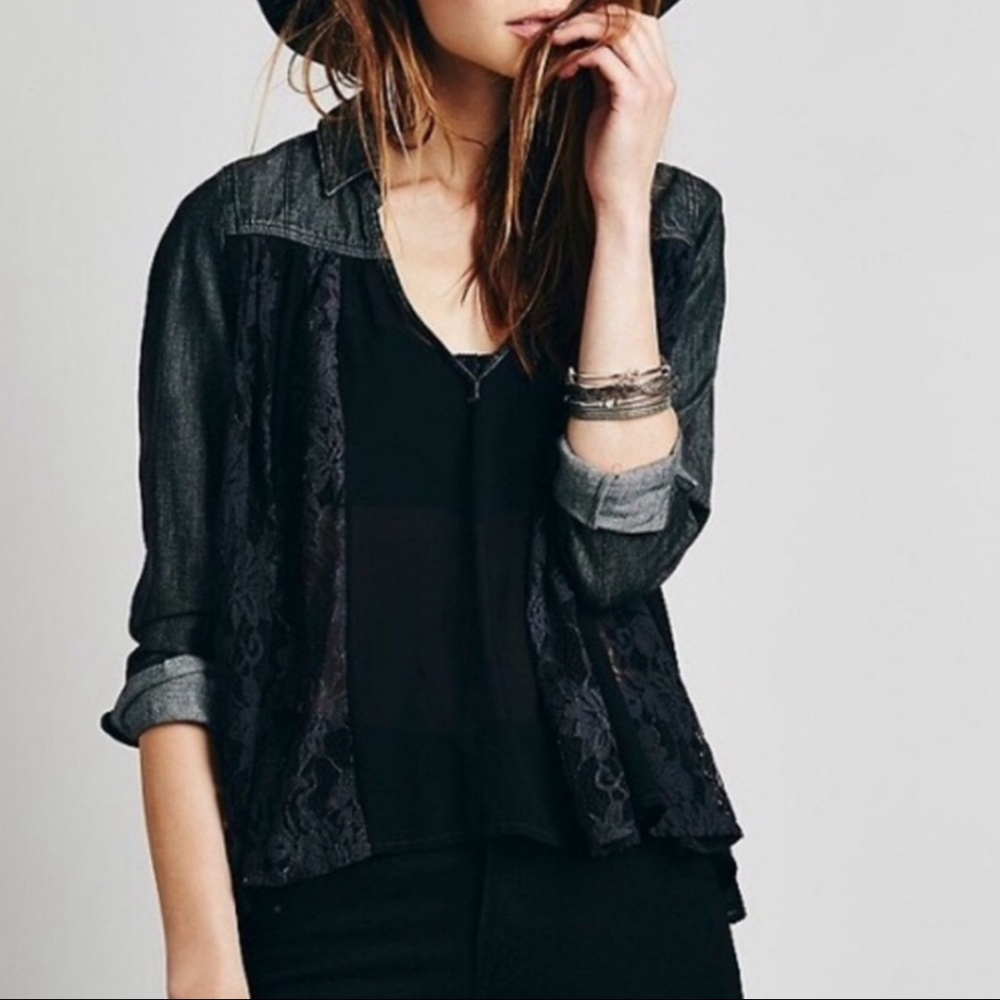 Free People Black Denim and Lace Swing top Size S